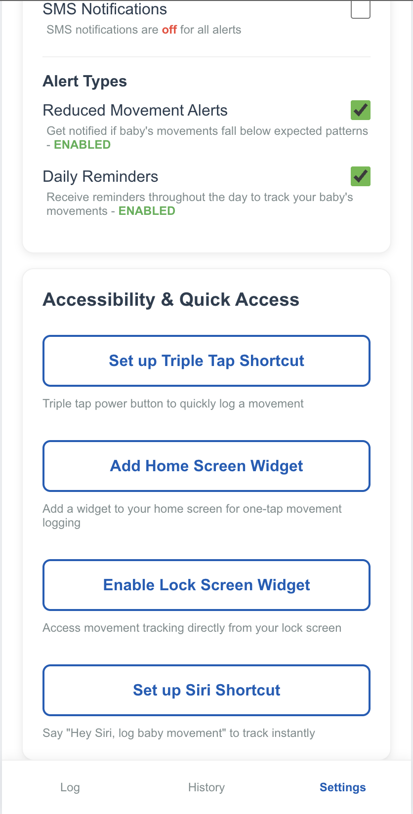 Prototype screen showing accessibilty options and shortcuts.